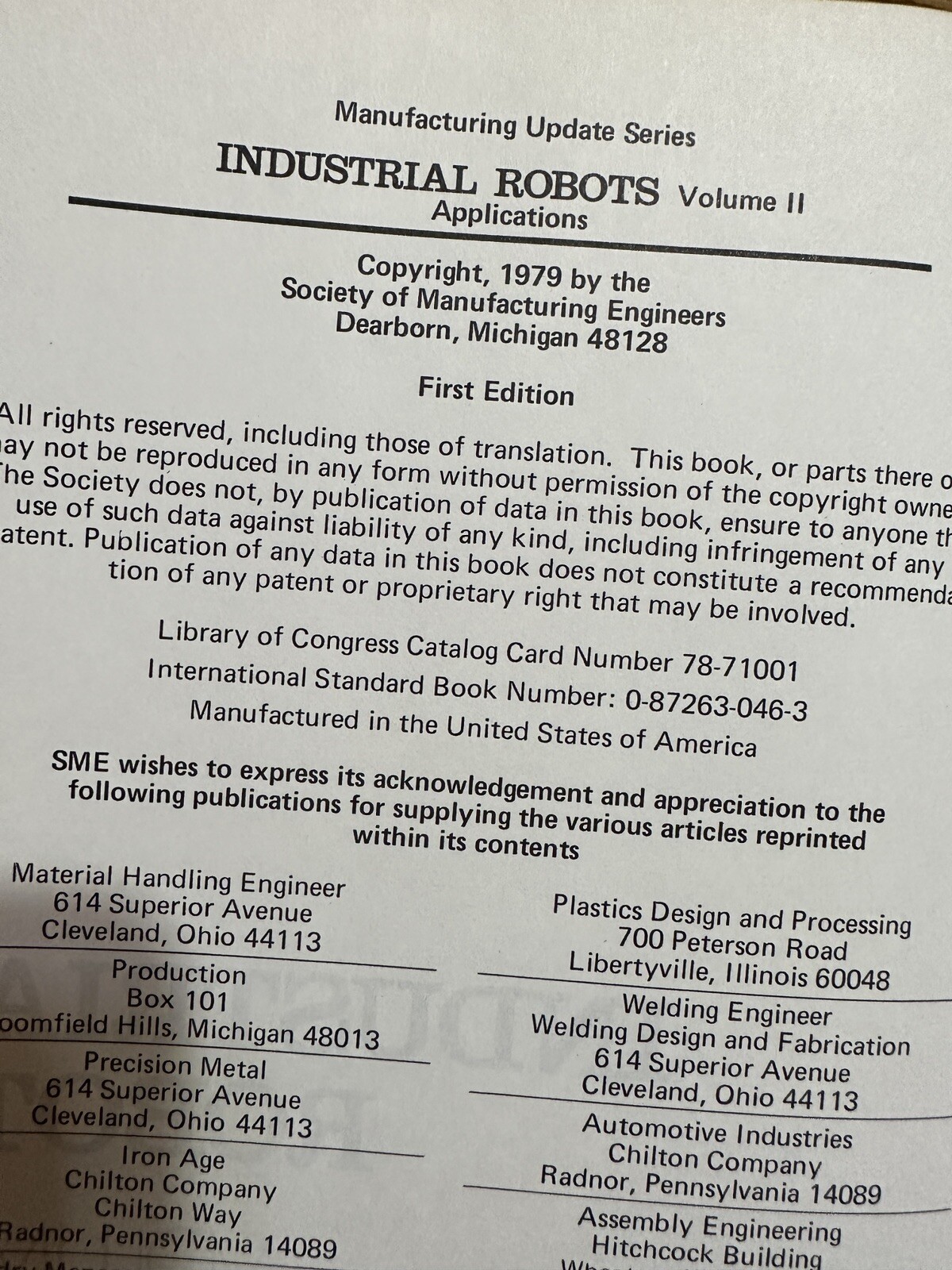 1979 Industrial Robots Applications Vol II SME Manufacturing Automation Robotics