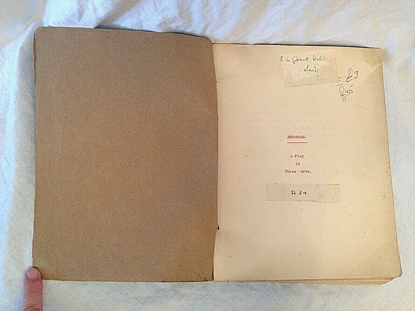 E L Grant Watson – JEPHTHAH – Original Typescript Play – Rare – George Locke