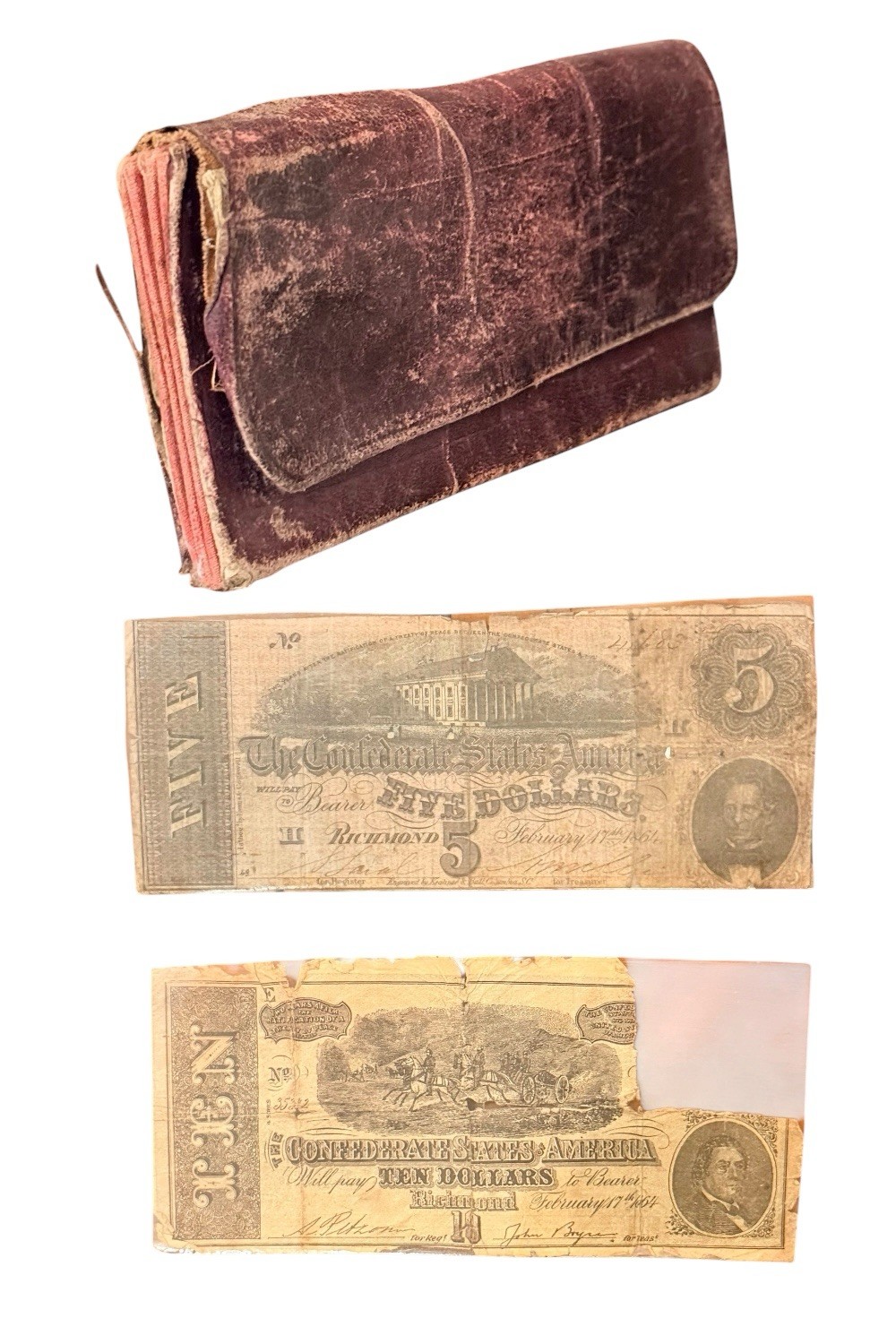 Antique Civil War era Red Leather Wallet With Confederate Currency Myrtis C Wine