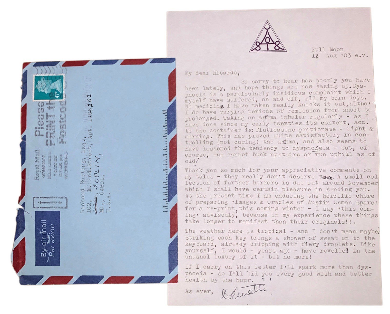 KENNETH GRANT SIGNED LETTER, OCCULT, TYPHONIAN, AUGUST 12th, 2003, FULL MOON