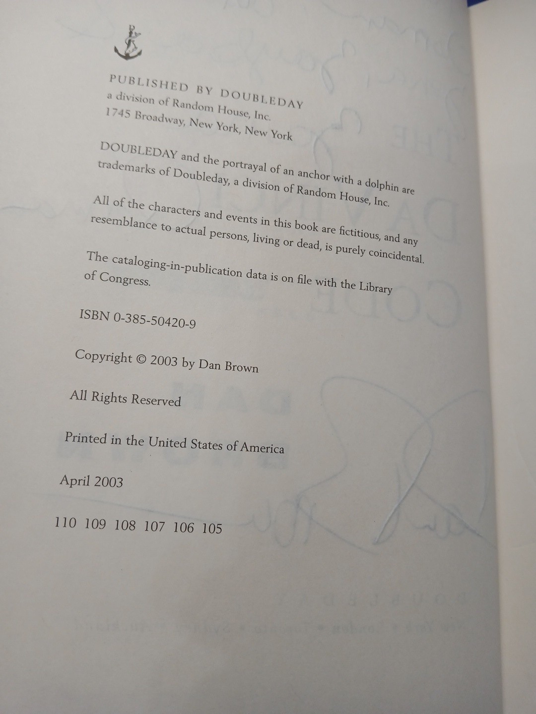 The Da Vinci Code by Dan Brown SIGNED Later Printing 2003 Hardcover