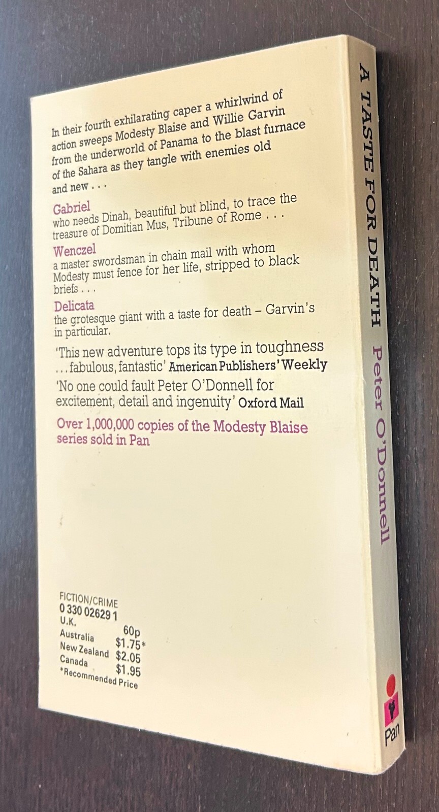 Peter O’DONNELL — Modesty Blaise Taste Death (1976 Pan UK) — Vintage PB (B)