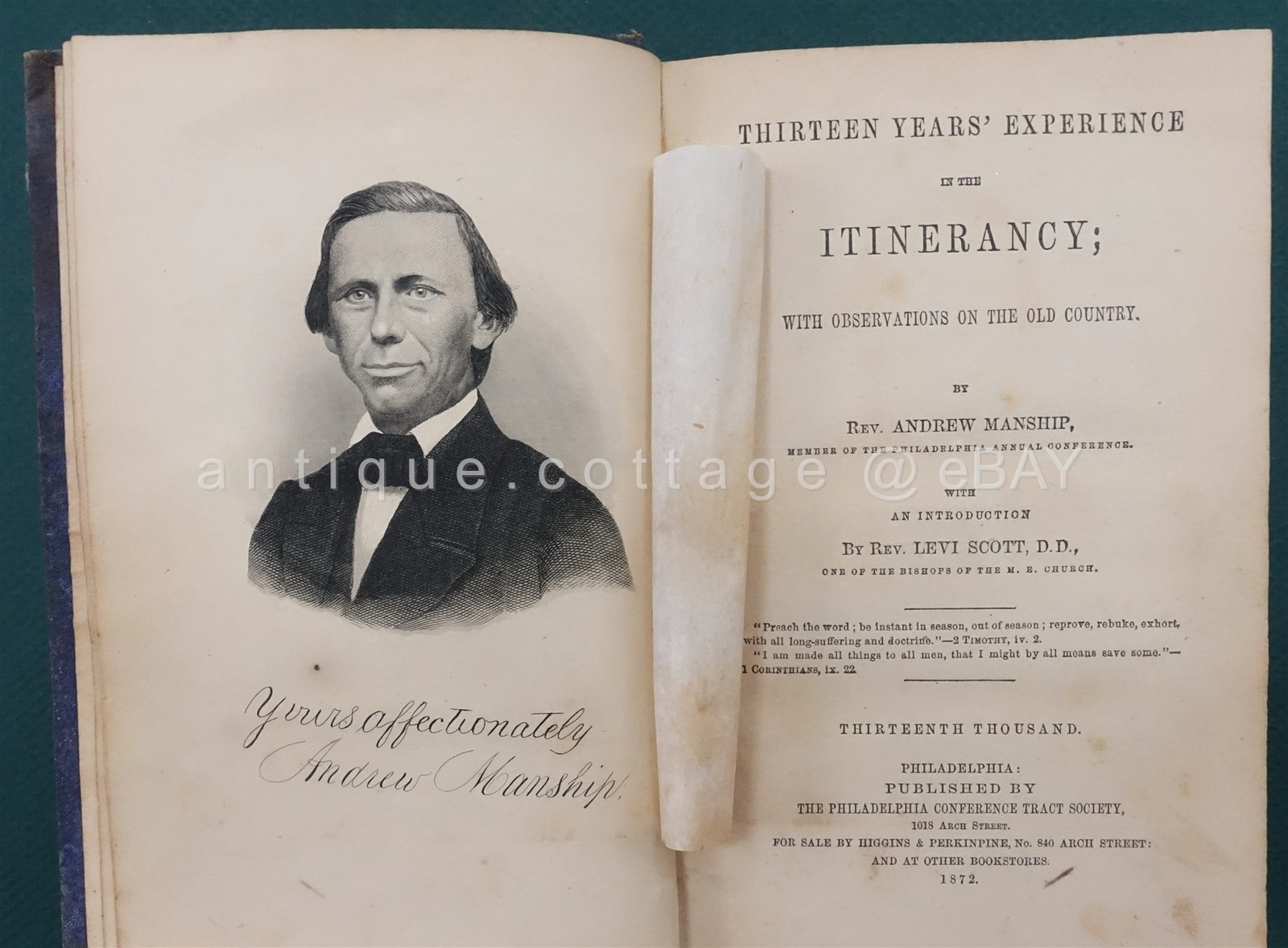 1872 antique ANDREW HAMSHIP ITINERANT MINSTRY BOOK hedding church phila pa