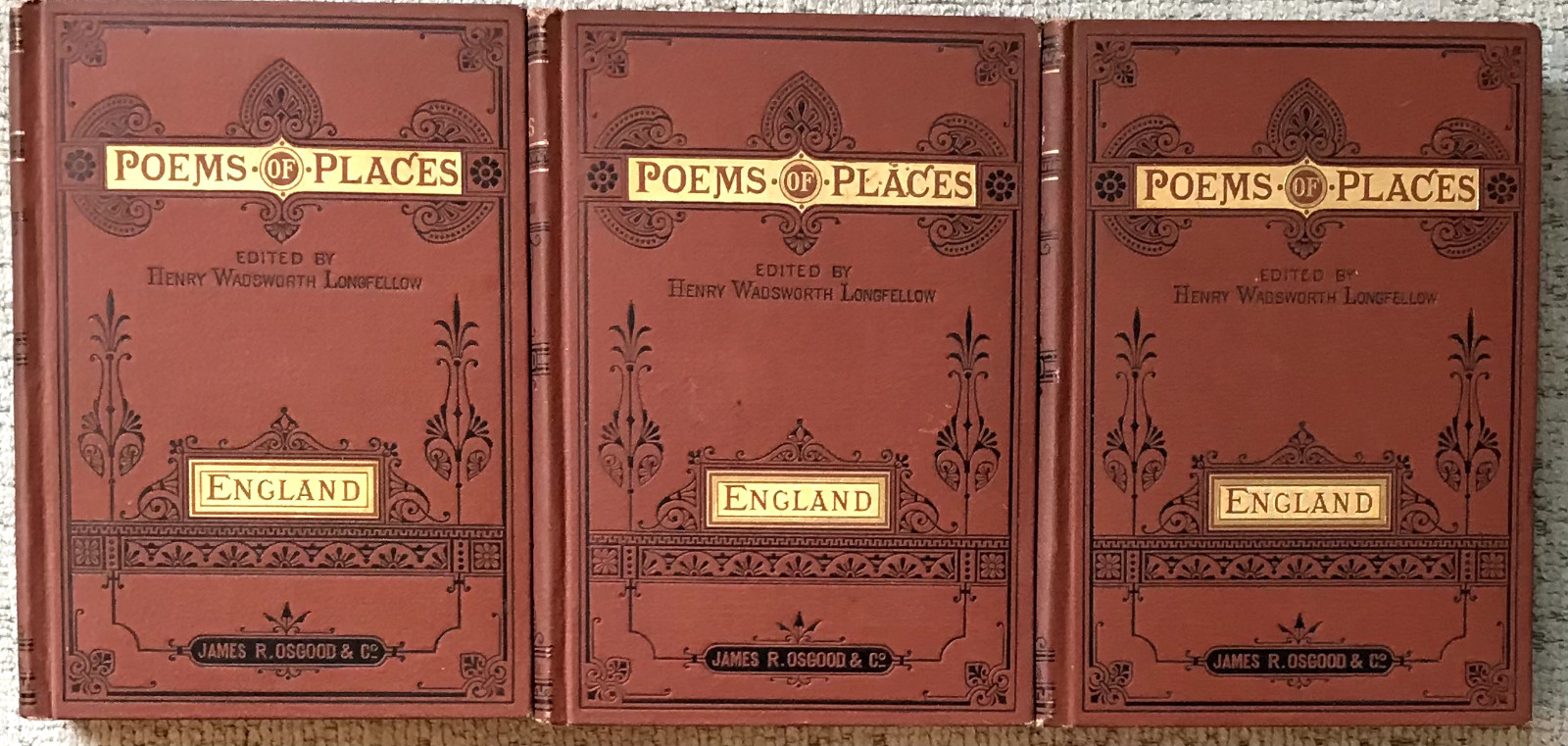 LONGFELLOW, ED. “ POEMS OF PLACES: ENGLAND “ 1876 HC VG EMBOSSED CLOTH 3 VOLS