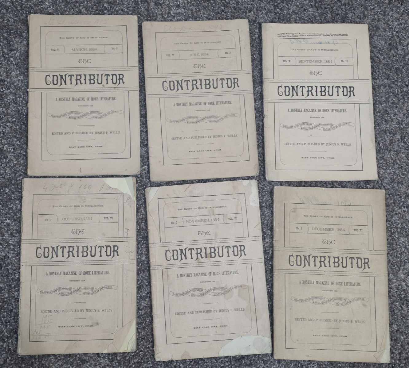 THE CONTRIBUTOR Lot of 6 Magazines 1884 Vol 5 and 6 LDS Mormon Junius Wells