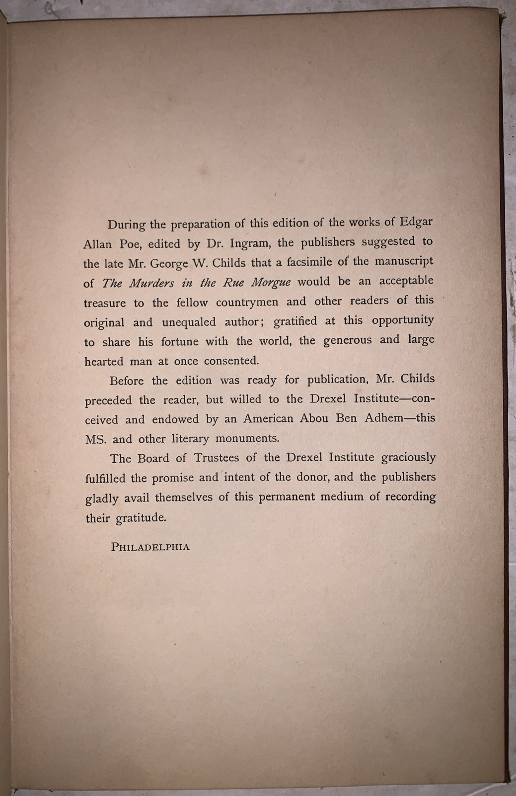 1895, EDGAR ALLAN POE, MURDERS IN THE RUE MORGUE, MS IN DREXEL INSTITUTE