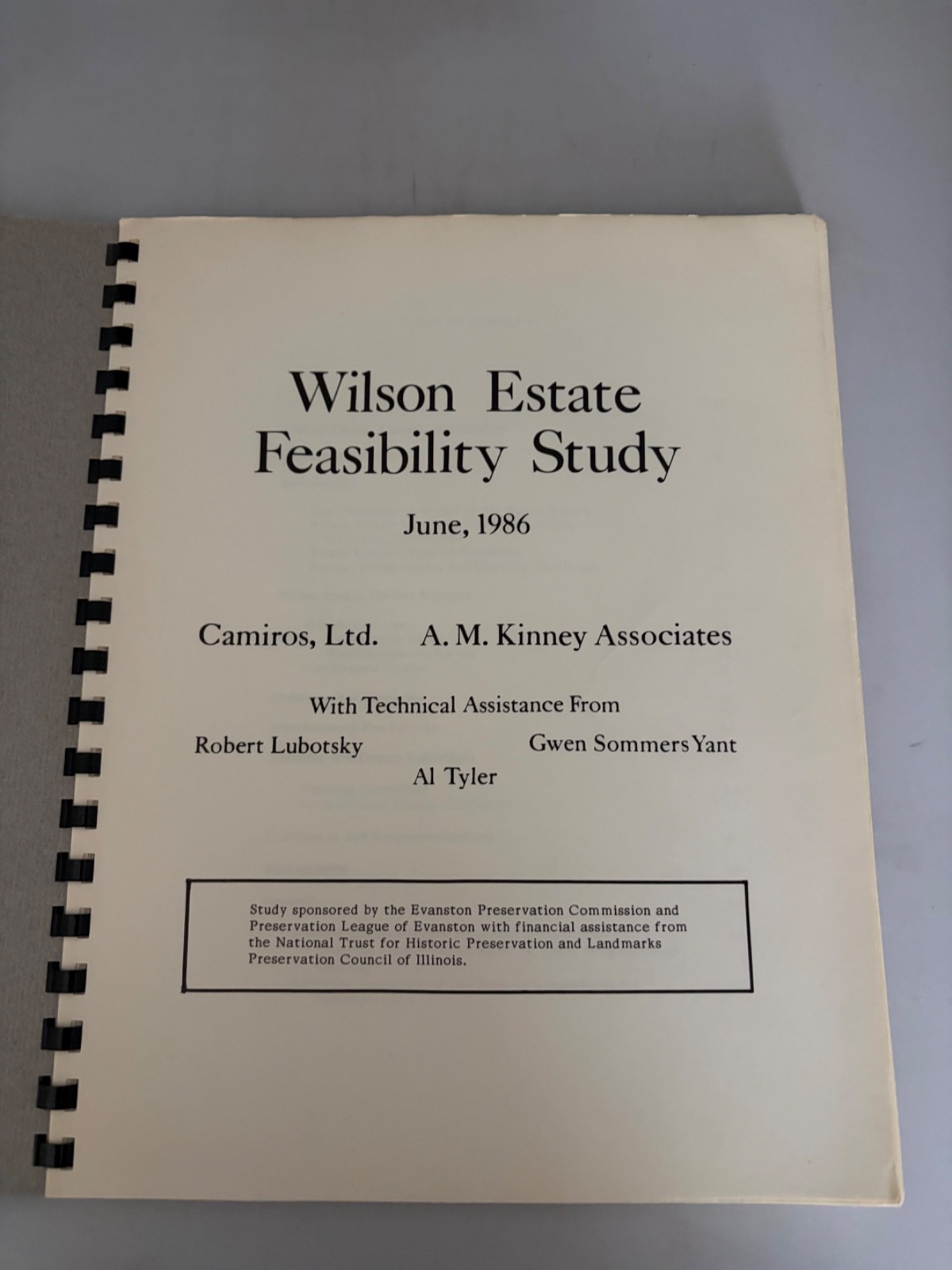 Feasibility Study for Historic Preservation of Wilson Estate. Evanston, Illinois