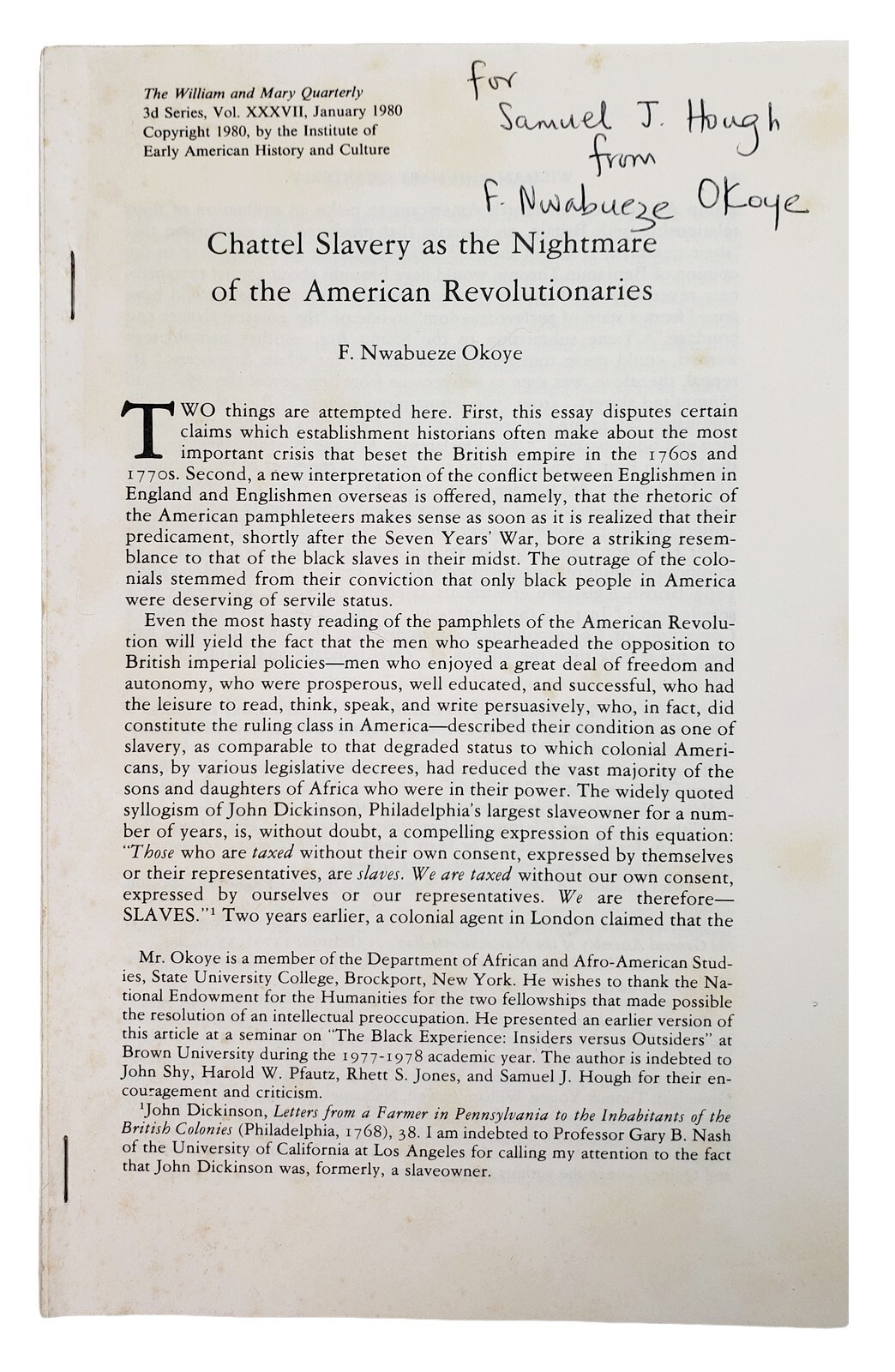 Chattel Slavery and the American Revolution – SIGNED 1980 pamphlet, racism
