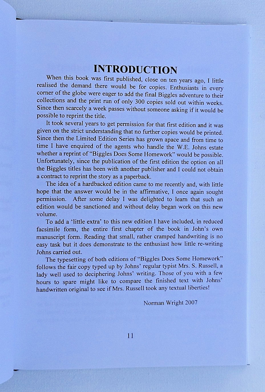 BIGGLES DOES SOME HOMEWORK – W.E Johns – 2007 – Limited 2nd Edition –