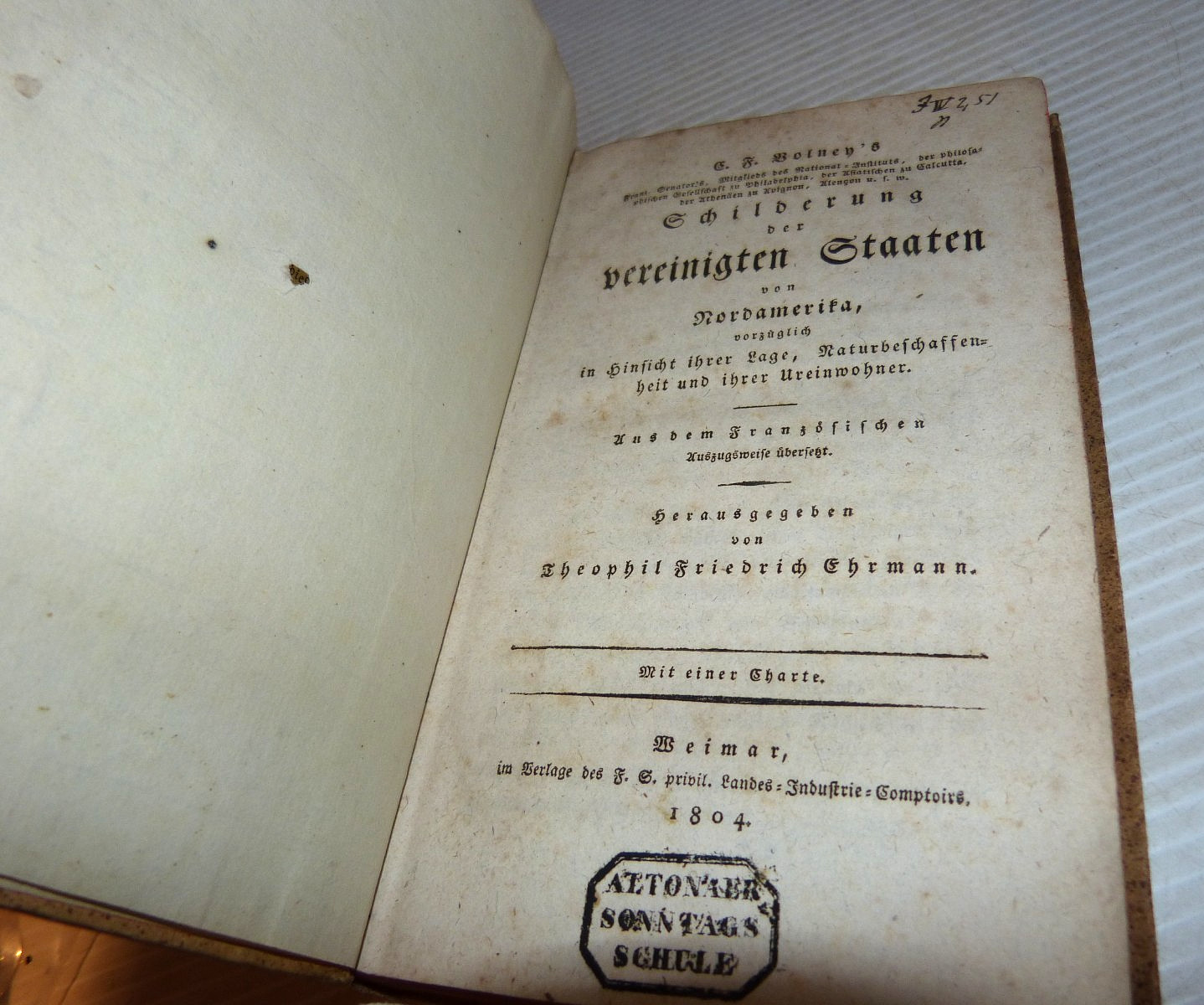 1804 German Book C F Volney / Chasseboeuf Description Of The United States W Map