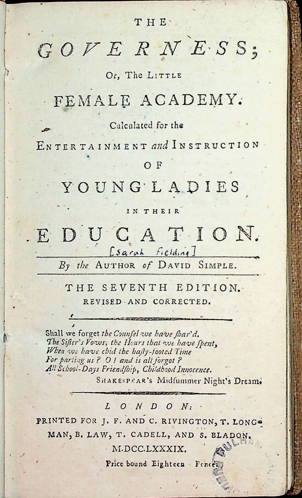 By the Author of David Simple / Governess or The Little Female Academy 1789 7th
