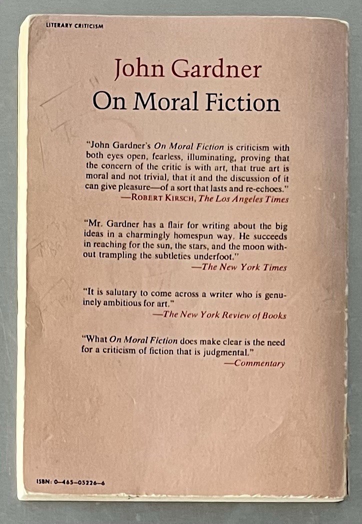 John Gardner: On Moral Fiction – Basic Books Trade Paperback (1978 4th Printing)