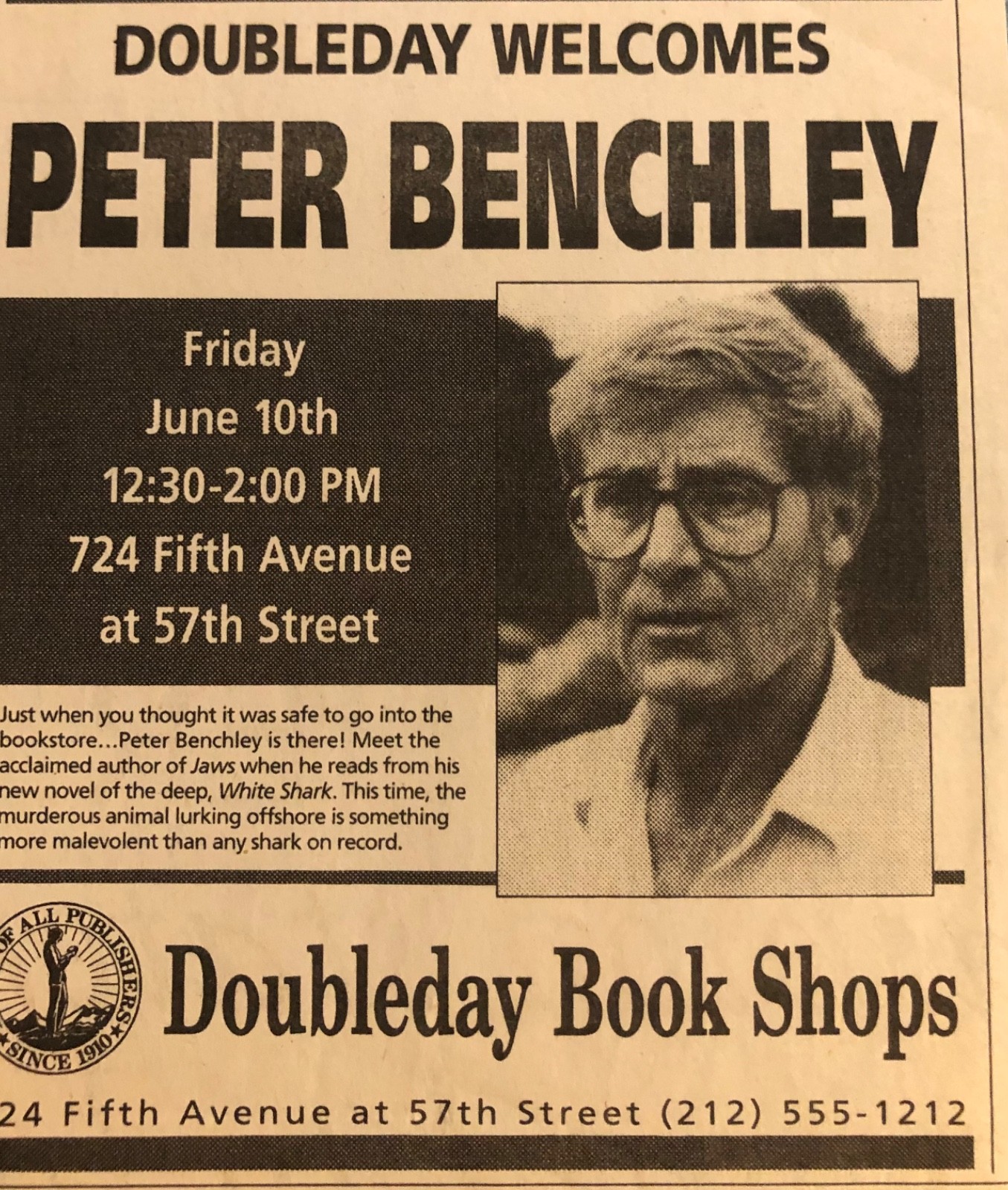 PETER BENCHLEY SIGNED 1ST ED BOOK GREAT WHITE!