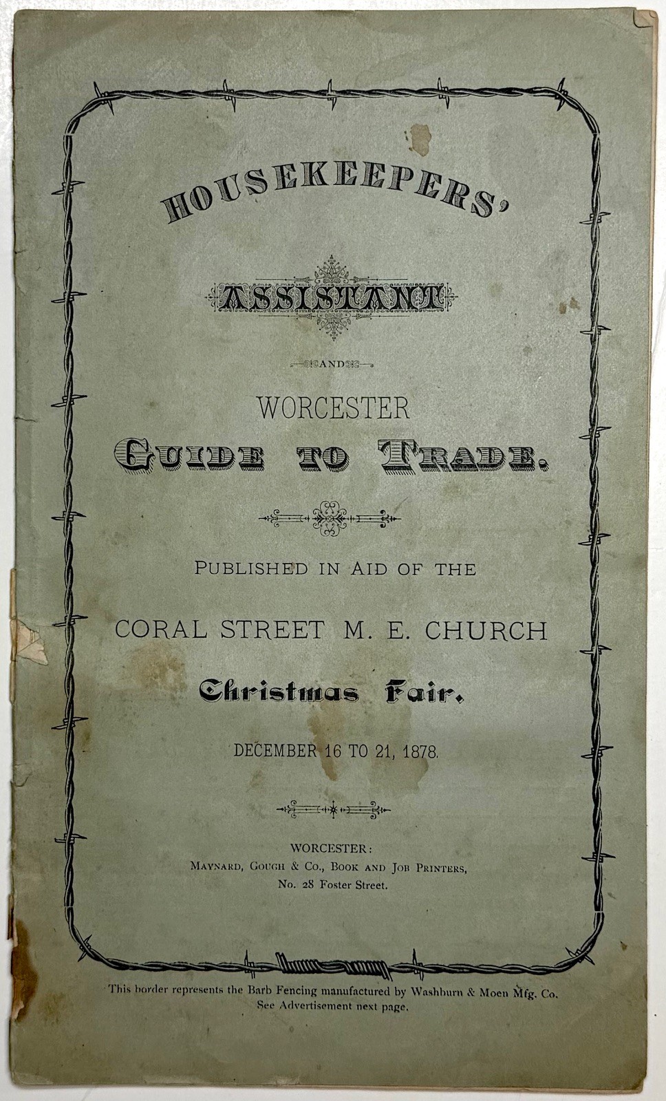 1878 WORCESTER HOUSEKEEPERS ASSISTANT METHODIST COOKBOOK CHRISTMAS FAIR ADS MASS