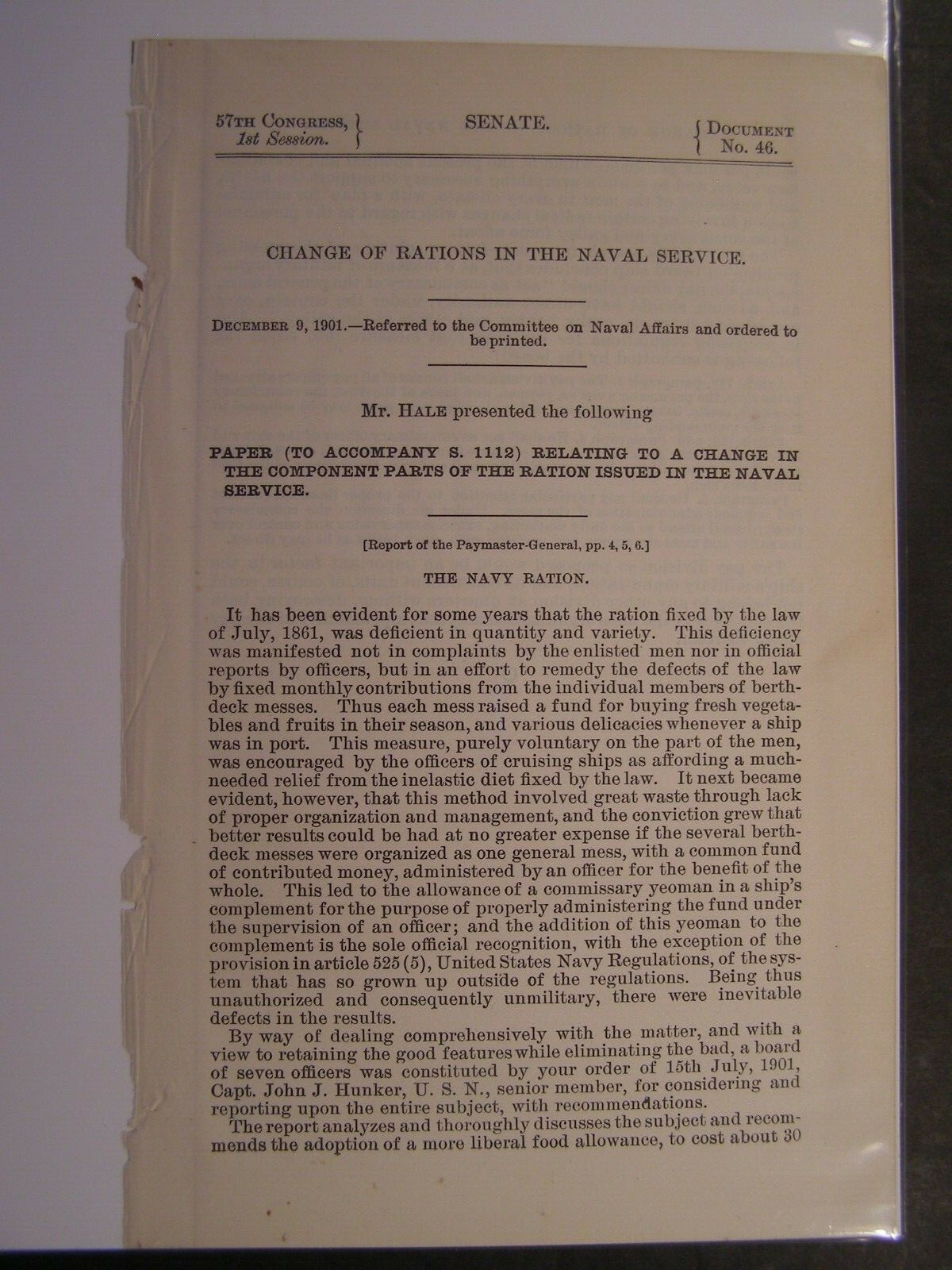 Government Report 1901 Change in Component Parts Rations of the Naval Service