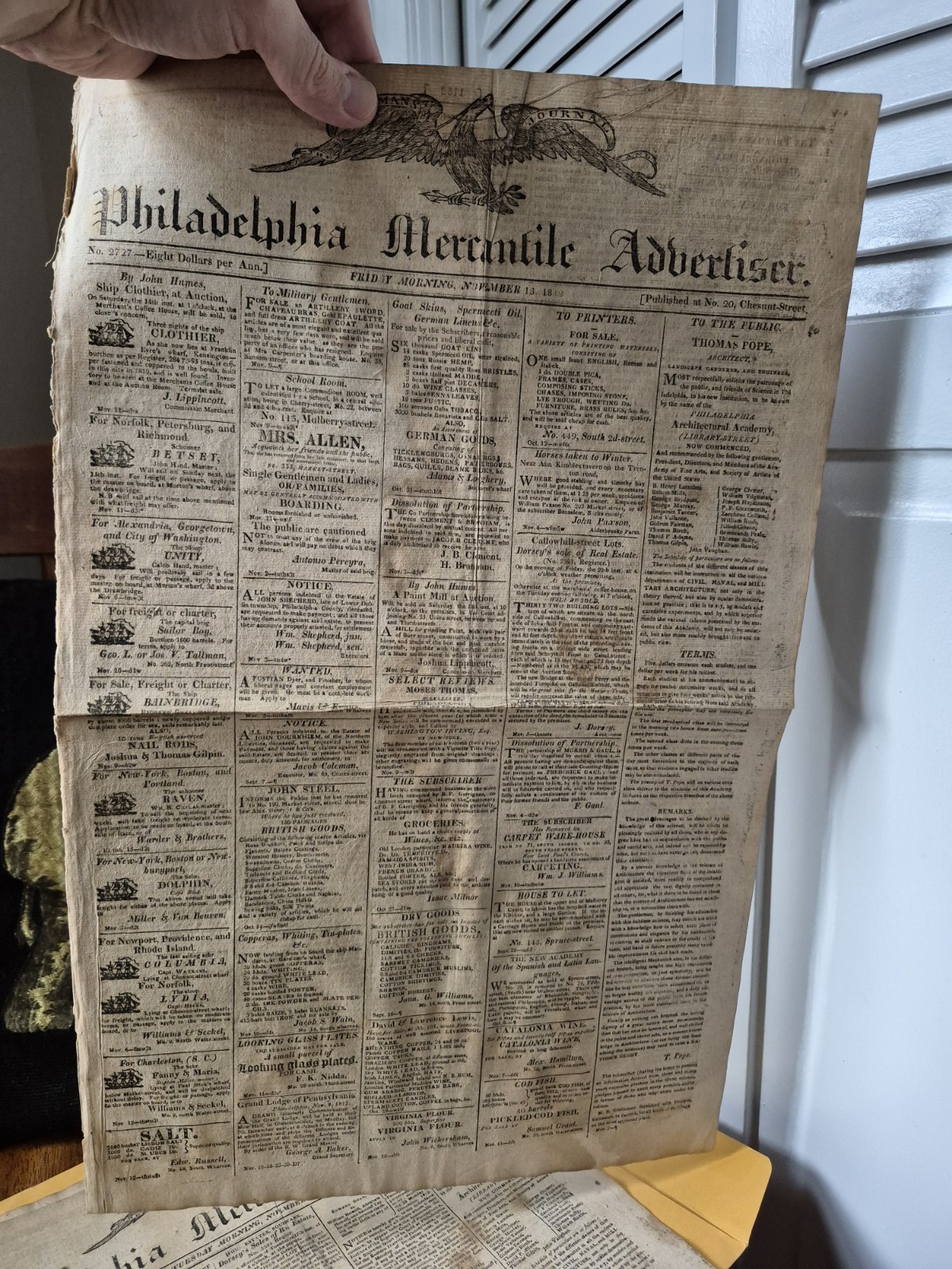 TWO 1812 Freeman’s Journal: Philadelphia Mercantile Advertiser, No. 2727 & 2730