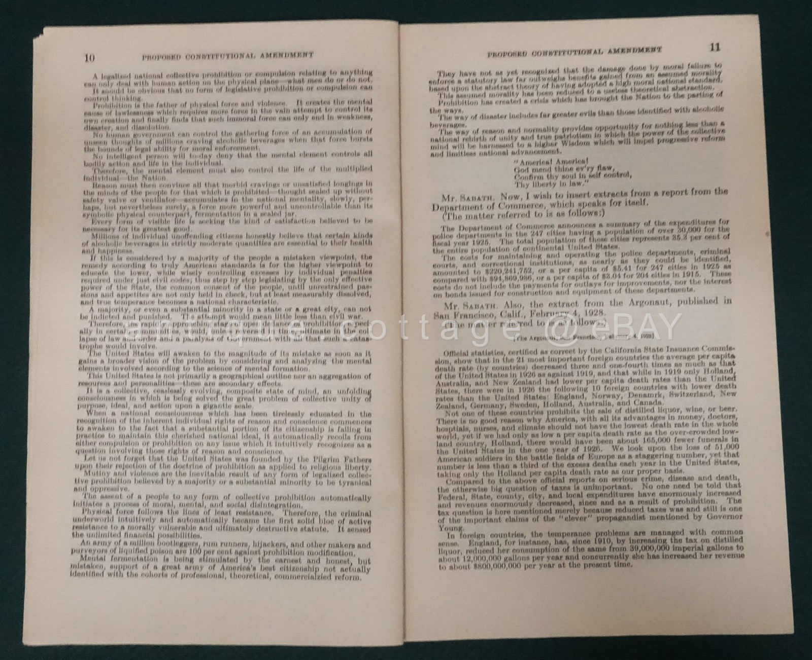1928 antique US GOVERNMENT hearings AMEND CONSTITUTION in lieu 18th AMENDMENT